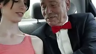 Brunette teen getting slammed hard by two older grandpas