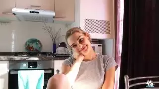 Teen in knee socks fucks in the kitchen