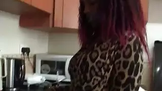 Curvy African Babe Takes White Cock In Kitchen